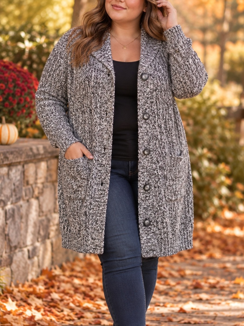 Faded Glory Plus Size 2X Marled Knit Long Cardigan Duster Gray Black
